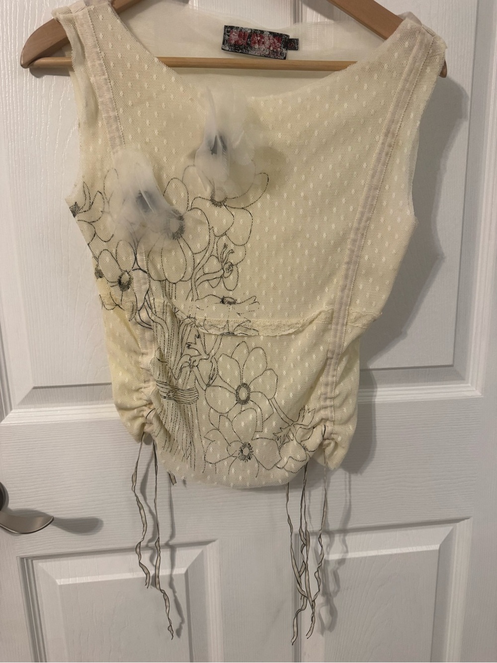 Y2K Sheer Floral Mesh Ruched Tank Top Cream Size S HYPY HYPY - Picture 3 of 4